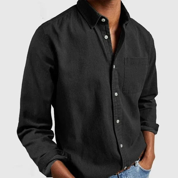 Men's Long-Sleeve Button-Down Casual Denim Shirt - Black