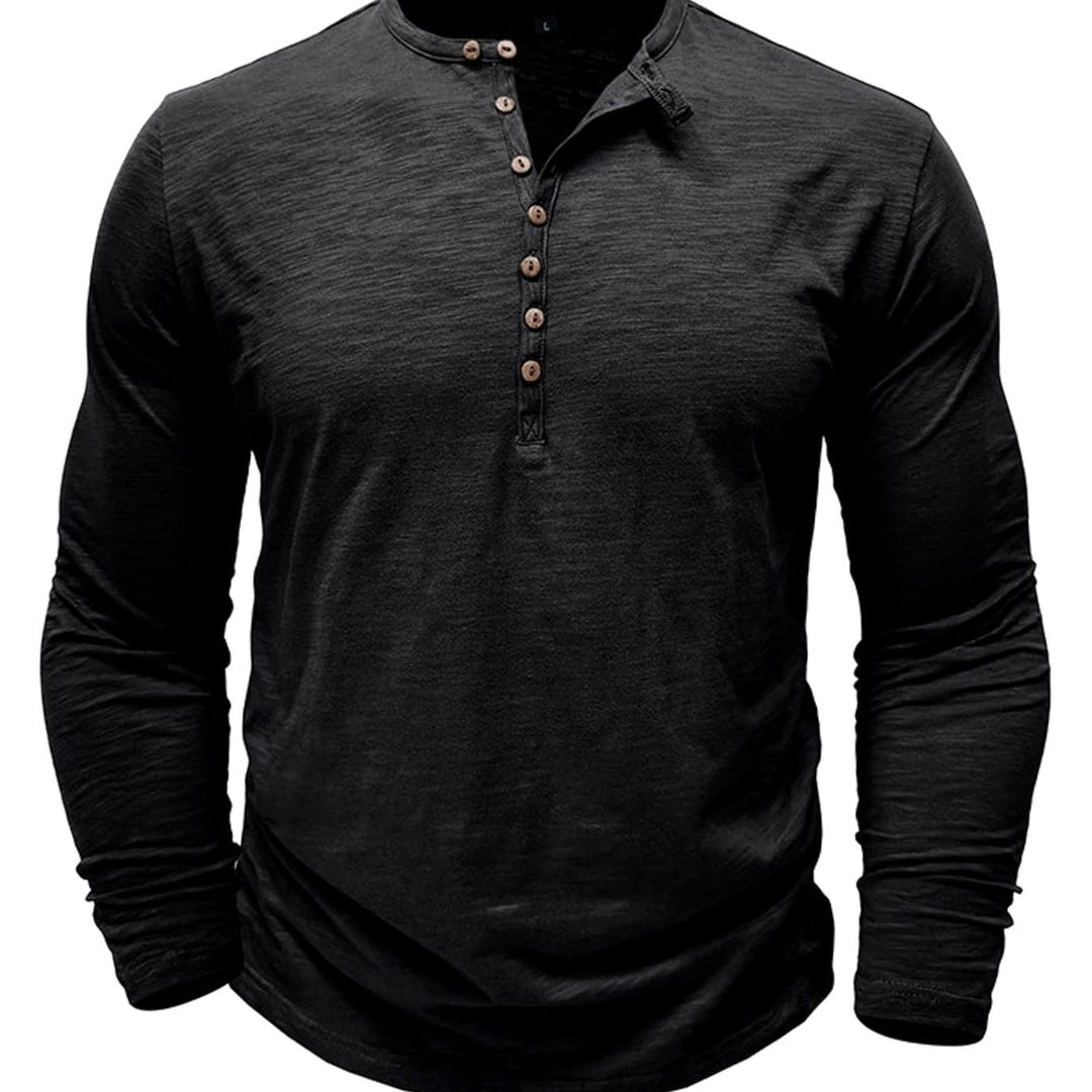 Men's Long-Sleeve Button-Up Henley Shirt - Black
