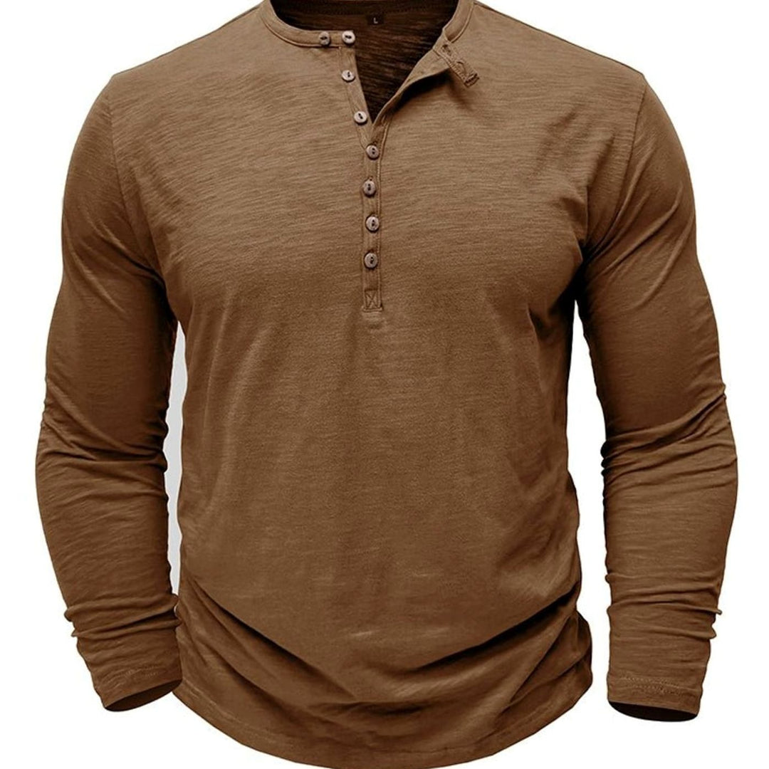 Men's Long-Sleeve Button-Up Henley Shirt - Brown