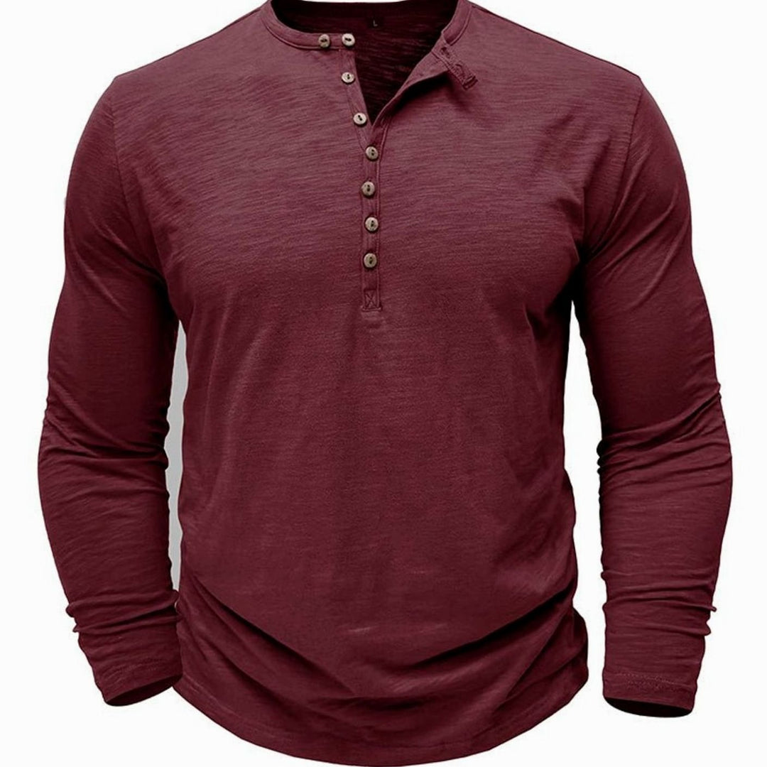 Men's Long-Sleeve Button-Up Henley Shirt - Red