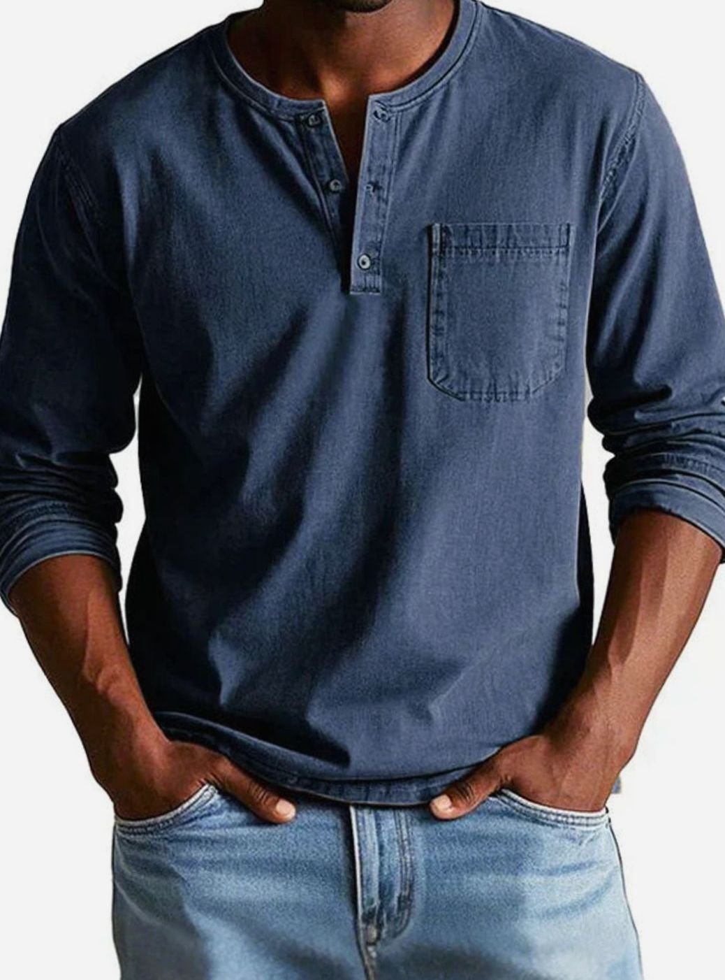 Men's Long Sleeve Chest Pocket Henley Shirt - Navy Blue