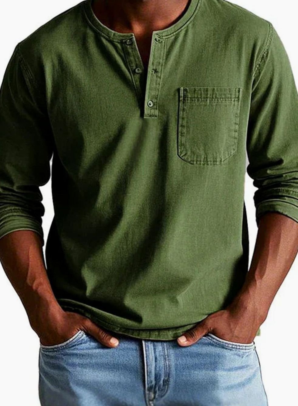 Men's Long Sleeve Chest Pocket Henley Shirt - Army Green