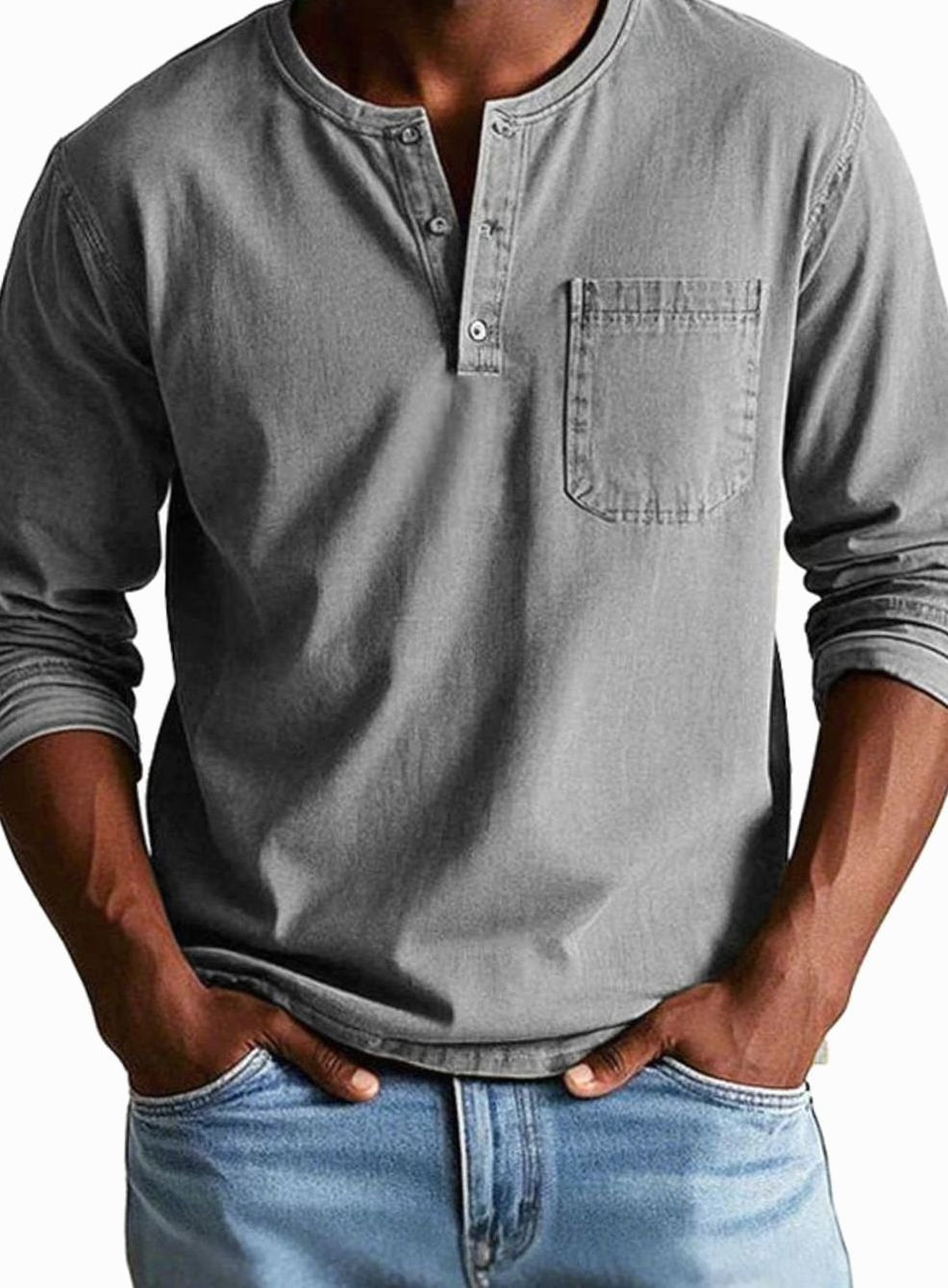 Men's Long Sleeve Chest Pocket Henley Shirt - Grey