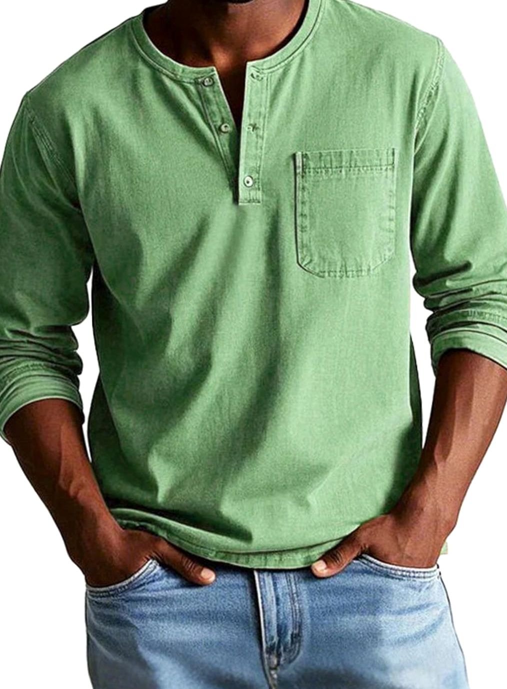 Men's Long Sleeve Chest Pocket Henley Shirt - Green