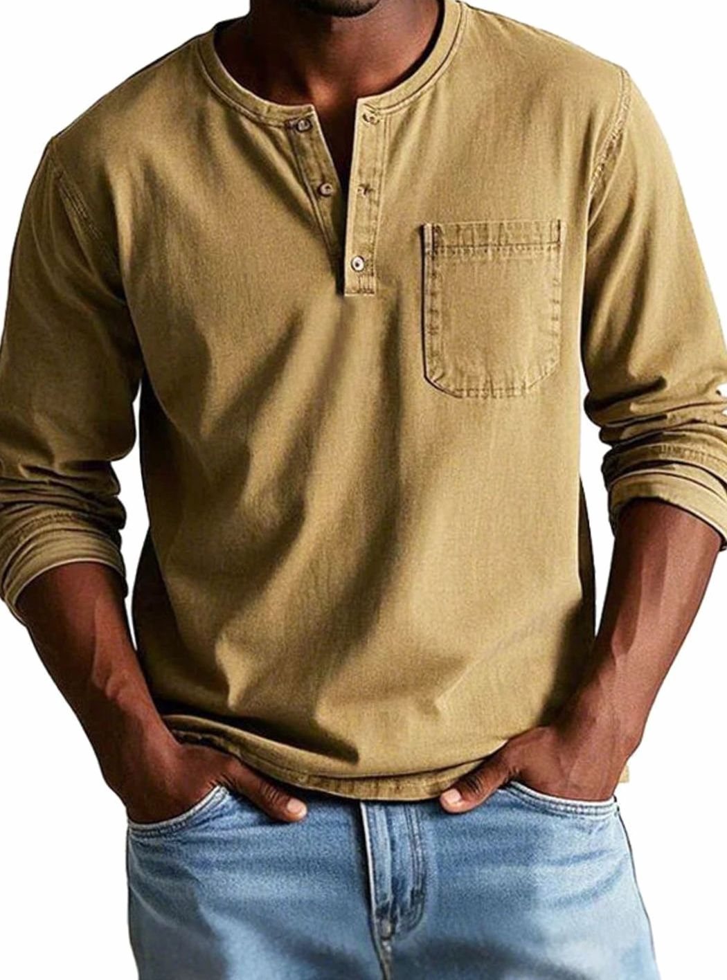 Men's Long Sleeve Chest Pocket Henley Shirt - Khaki