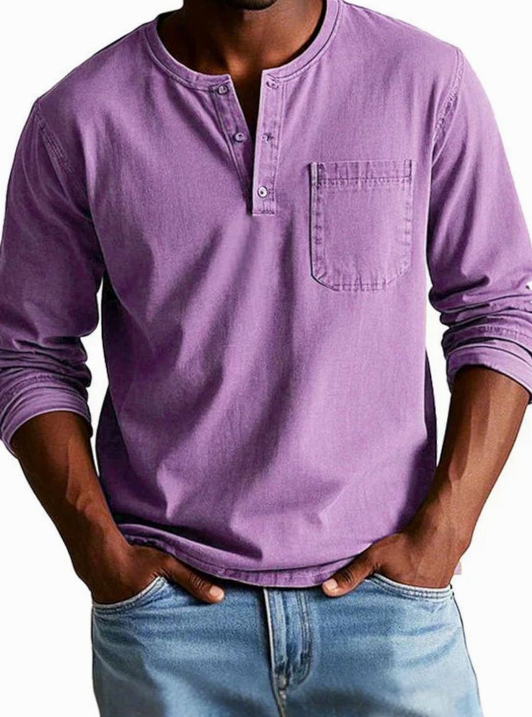 Men's Long Sleeve Chest Pocket Henley Shirt - Purple