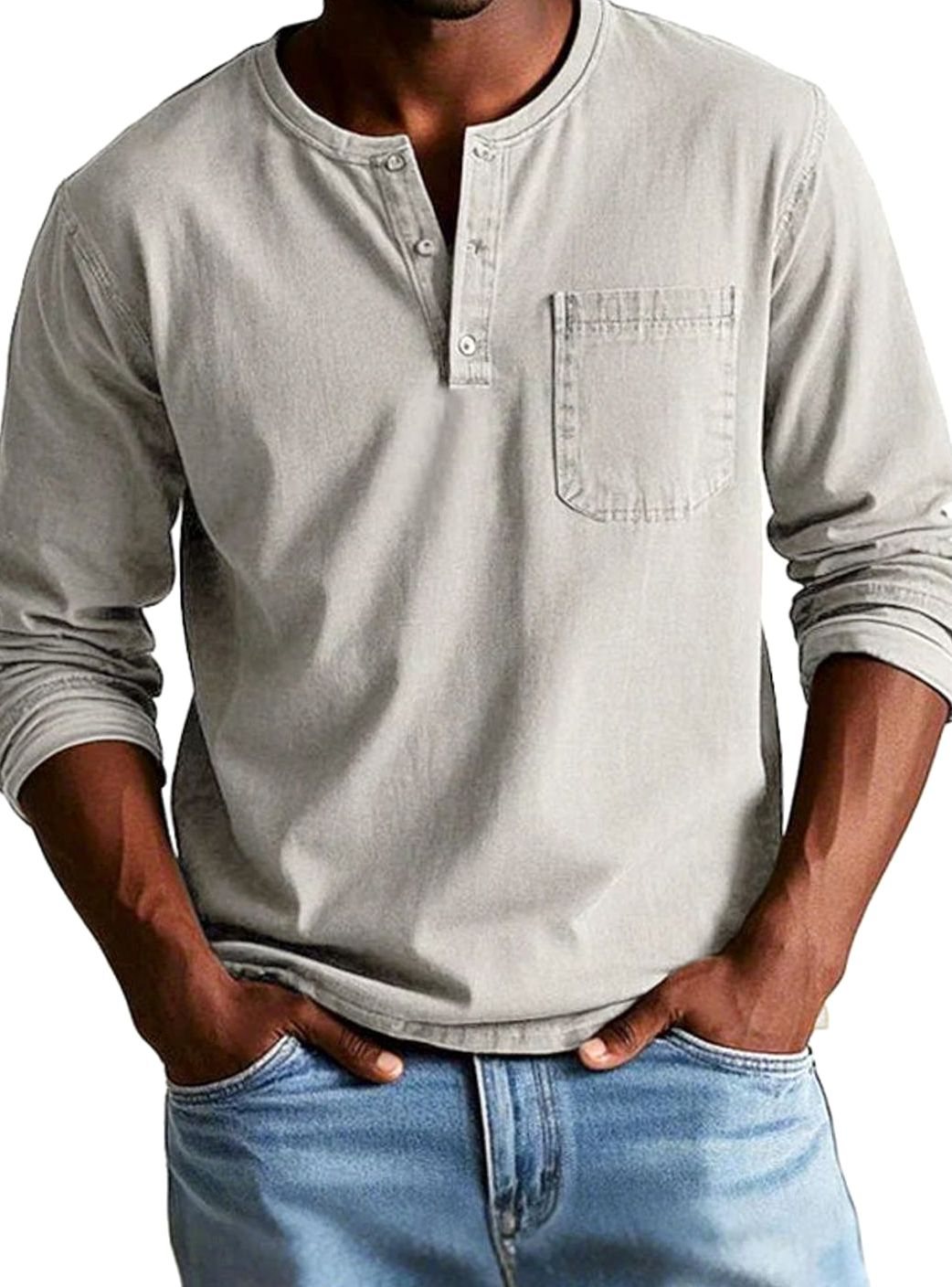 Men's Long Sleeve Chest Pocket Henley Shirt - Beige