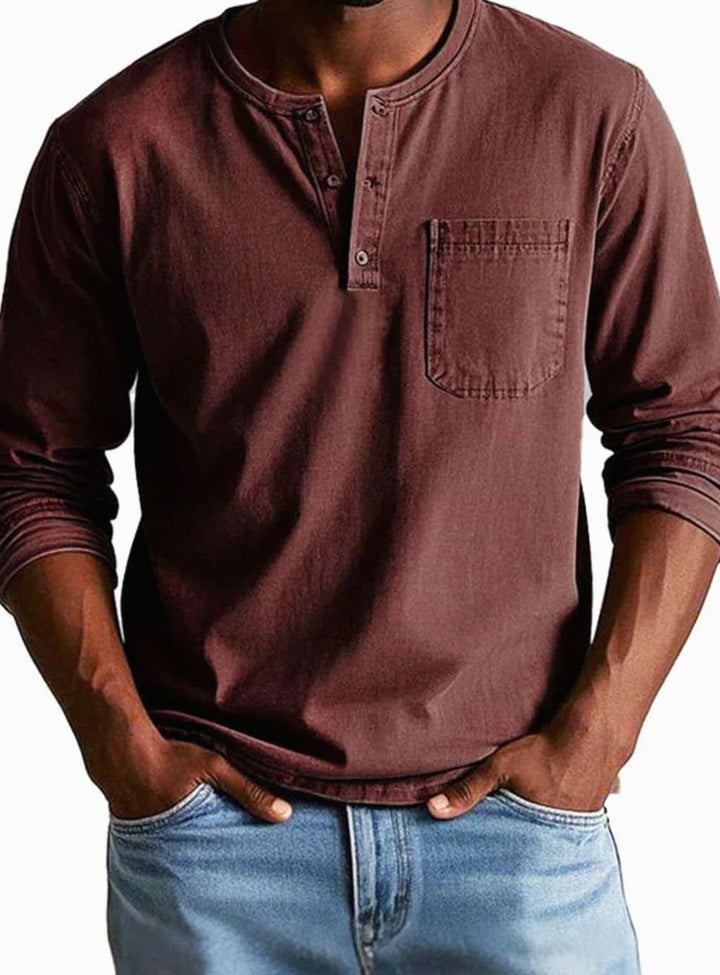 Men's Long Sleeve Chest Pocket Henley Shirt - Red