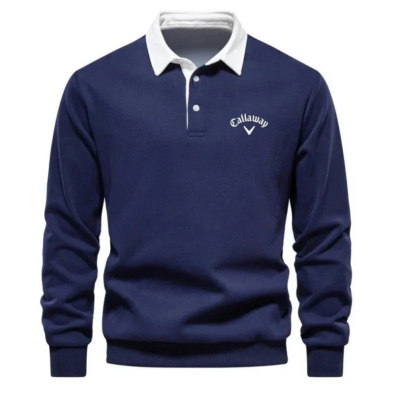 Men's Long-Sleeve Contrast-Collar Cotton-Blend Golf Polo Sweater - Navy Blue