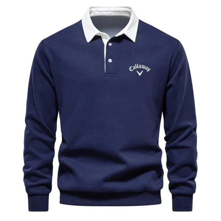 Men's Long-Sleeve Contrast-Collar Cotton-Blend Golf Polo Sweater - Navy Blue