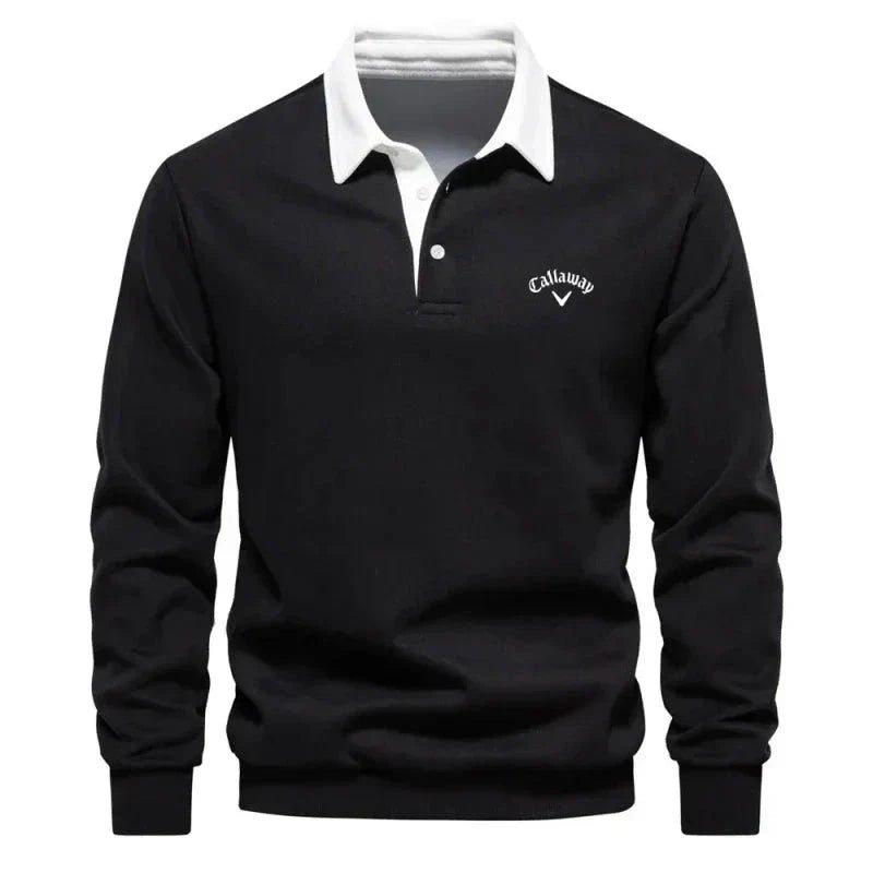 Men's Long-Sleeve Contrast-Collar Cotton-Blend Golf Polo Sweater - Black