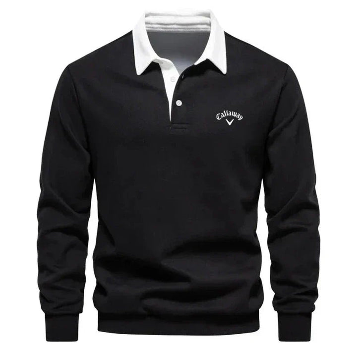 Men's Long-Sleeve Contrast-Collar Cotton-Blend Golf Polo Sweater - Black