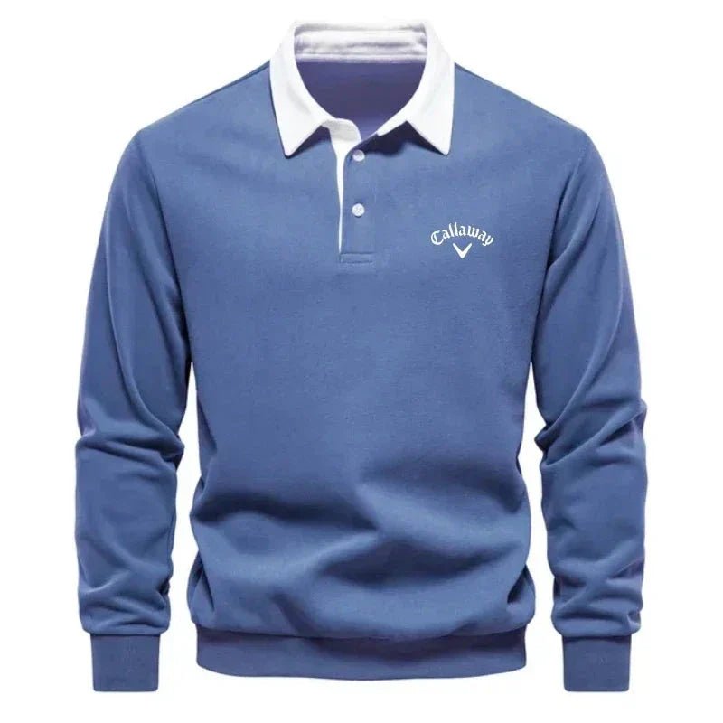 Men's Long-Sleeve Contrast-Collar Cotton-Blend Golf Polo Sweater - Blue