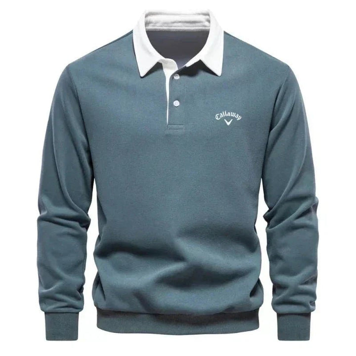 Men's Long-Sleeve Contrast-Collar Cotton-Blend Golf Polo Sweater - Green