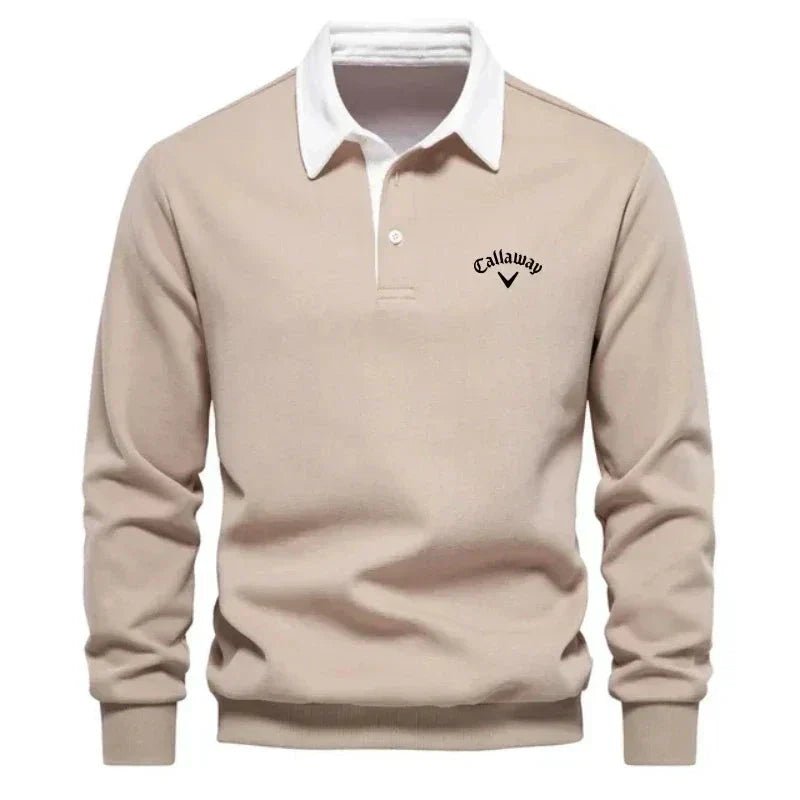 Men's Long-Sleeve Contrast-Collar Cotton-Blend Golf Polo Sweater - Beige