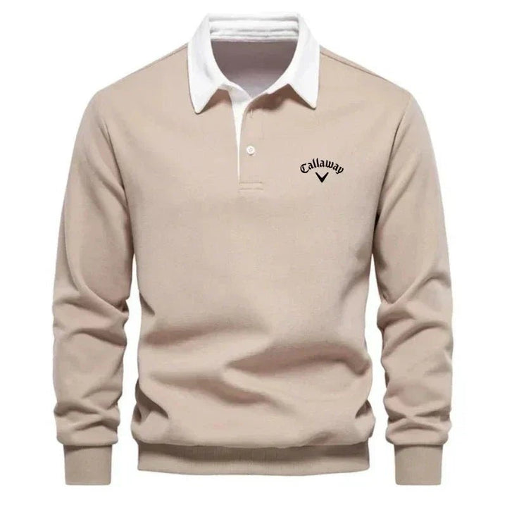 Men's Long-Sleeve Contrast-Collar Cotton-Blend Golf Polo Sweater - Beige