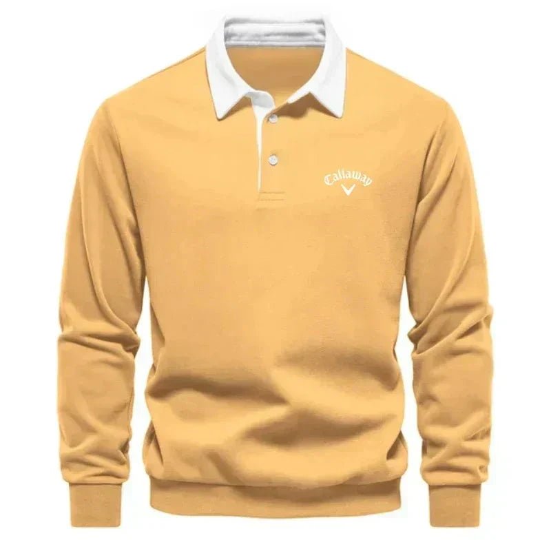 Men's Long-Sleeve Contrast-Collar Cotton-Blend Golf Polo Sweater - Yellow