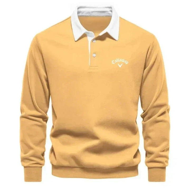 Men's Long-Sleeve Contrast-Collar Cotton-Blend Golf Polo Sweater - Yellow