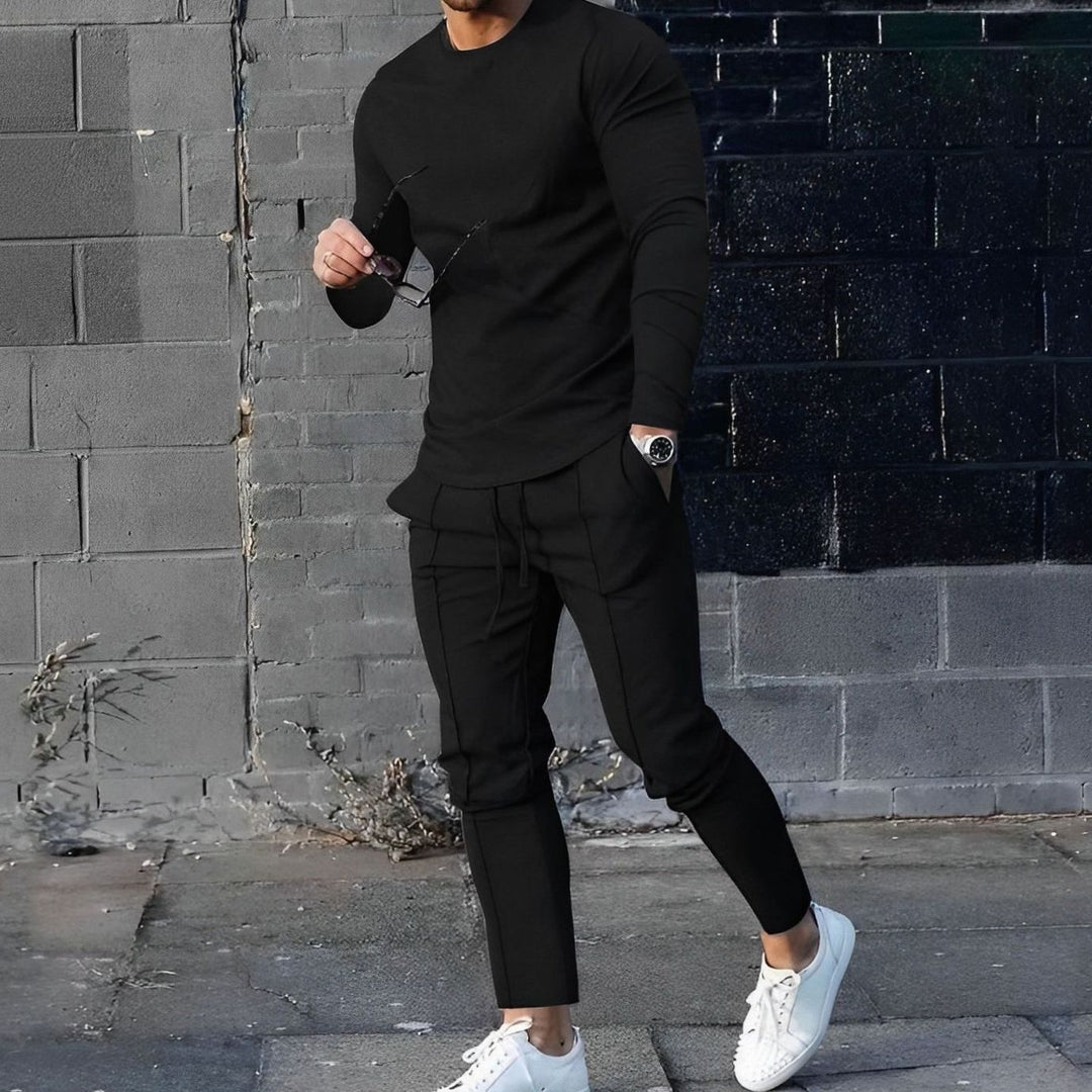 Men's Long-Sleeve Crew-Neck Jogger Two-Piece Outfit Set - Black