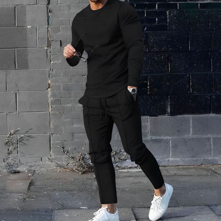 Men's Long-Sleeve Crew-Neck Jogger Two-Piece Outfit Set - Black