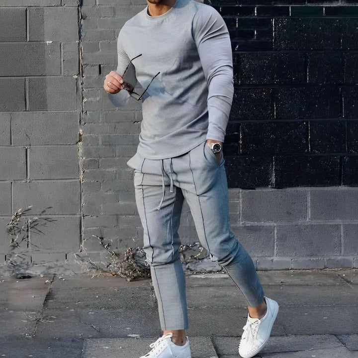 Men's Long-Sleeve Crew-Neck Jogger Two-Piece Outfit Set - Grey