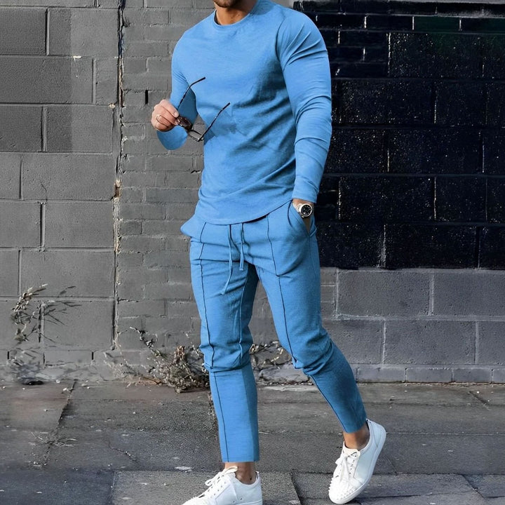Men's Long-Sleeve Crew-Neck Jogger Two-Piece Outfit Set - Blue