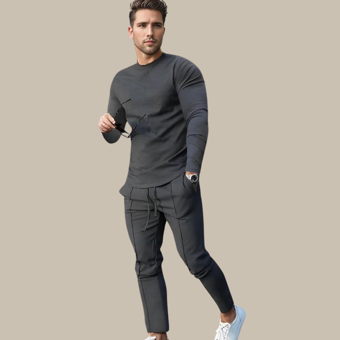 Men's Long-Sleeve Crew-Neck Jogger Two-Piece Outfit Set - Dark Grey