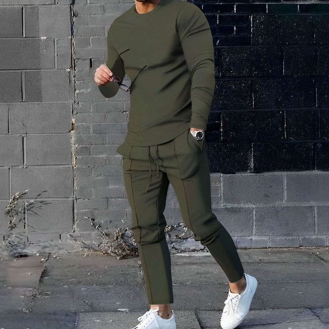 Men's Long-Sleeve Crew-Neck Jogger Two-Piece Outfit Set - Olive Green