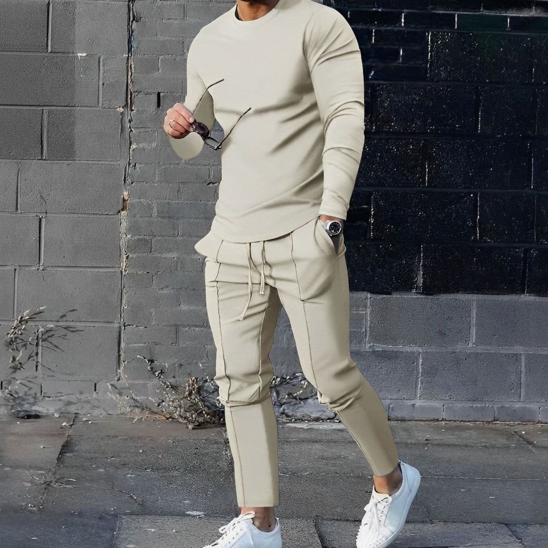 Men's Long-Sleeve Crew-Neck Jogger Two-Piece Outfit Set - Beige