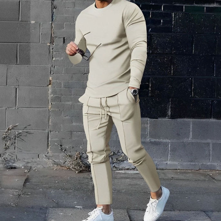 Men's Long-Sleeve Crew-Neck Jogger Two-Piece Outfit Set - Beige