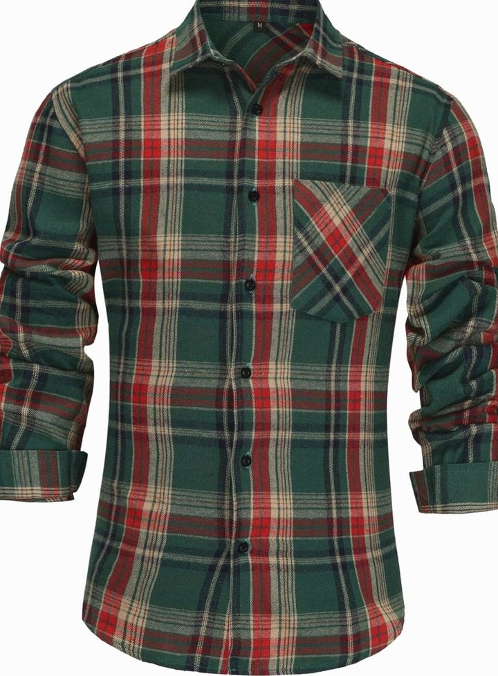 Men's Long-Sleeve Plaid Flannel Button-Up Shirt - Red Green