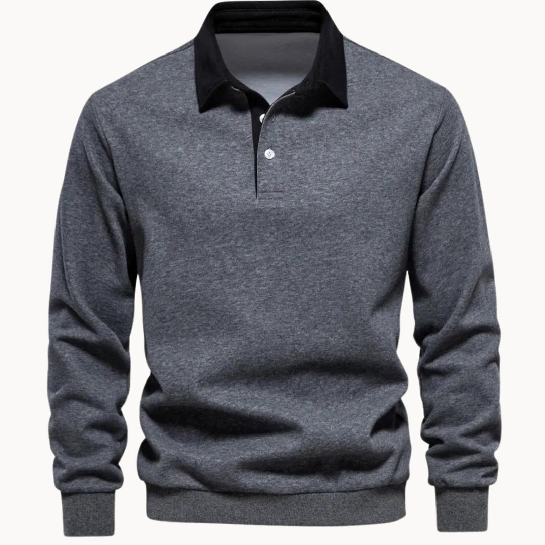 Men's Long Sleeve Polo Style Sweater Contrasting Collar - Grey