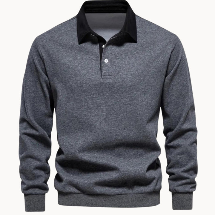 Men's Long Sleeve Polo Style Sweater Contrasting Collar - Grey