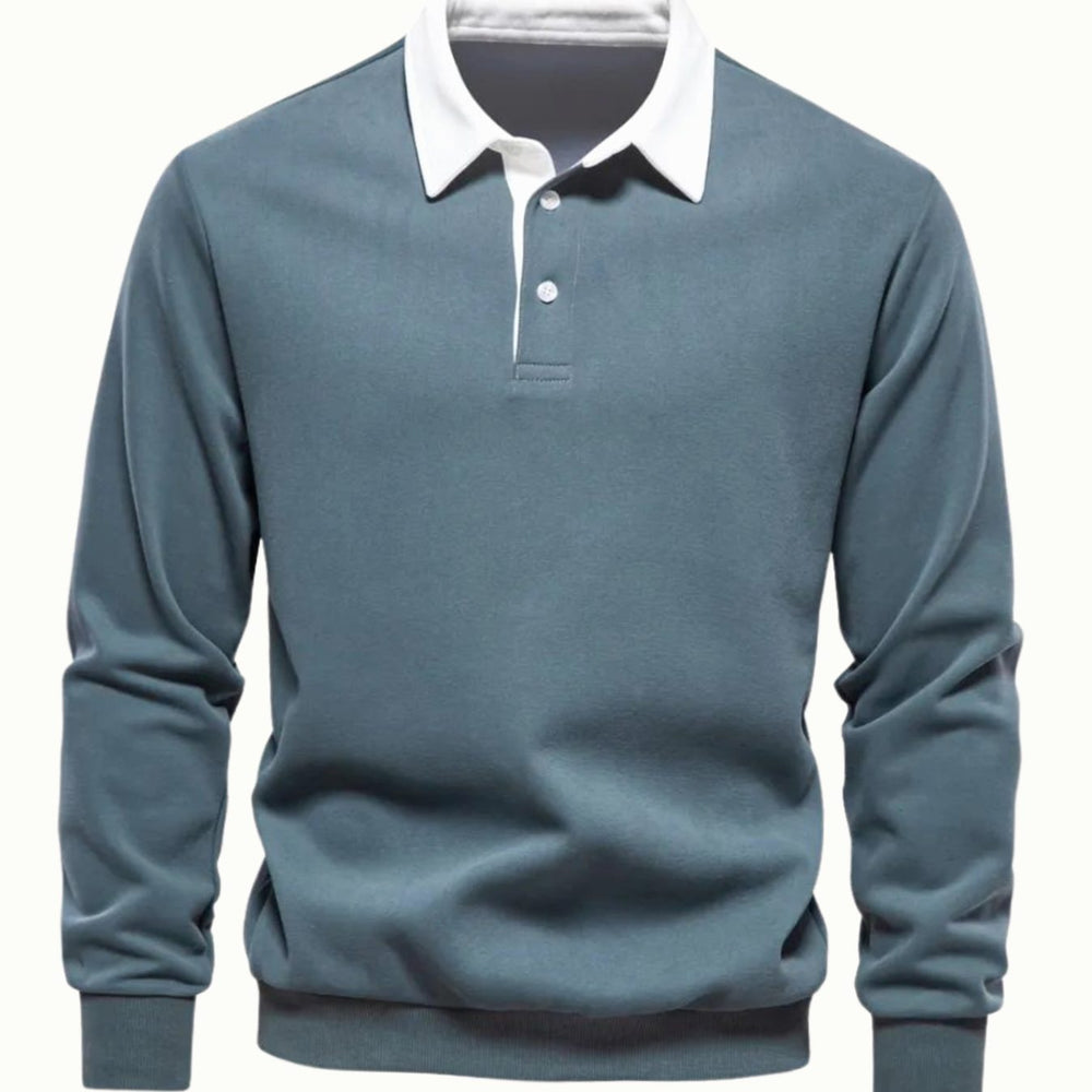 Men's Long Sleeve Polo Style Sweater Contrasting Collar - Green