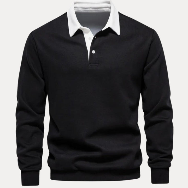 Men's Long Sleeve Polo Style Sweater Contrasting Collar - Black