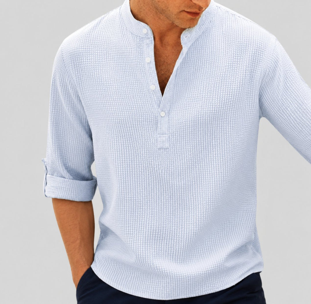 Men's Long-Sleeve Waffle-Knit Henley Band-Collar Shirt - Blau