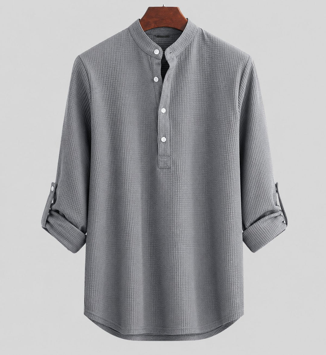 Men's Long-Sleeve Waffle-Knit Henley Band-Collar Shirt - Schwarz