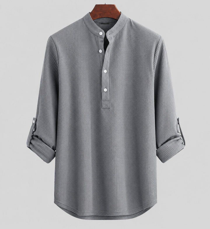 Men's Long-Sleeve Waffle-Knit Henley Band-Collar Shirt - Schwarz
