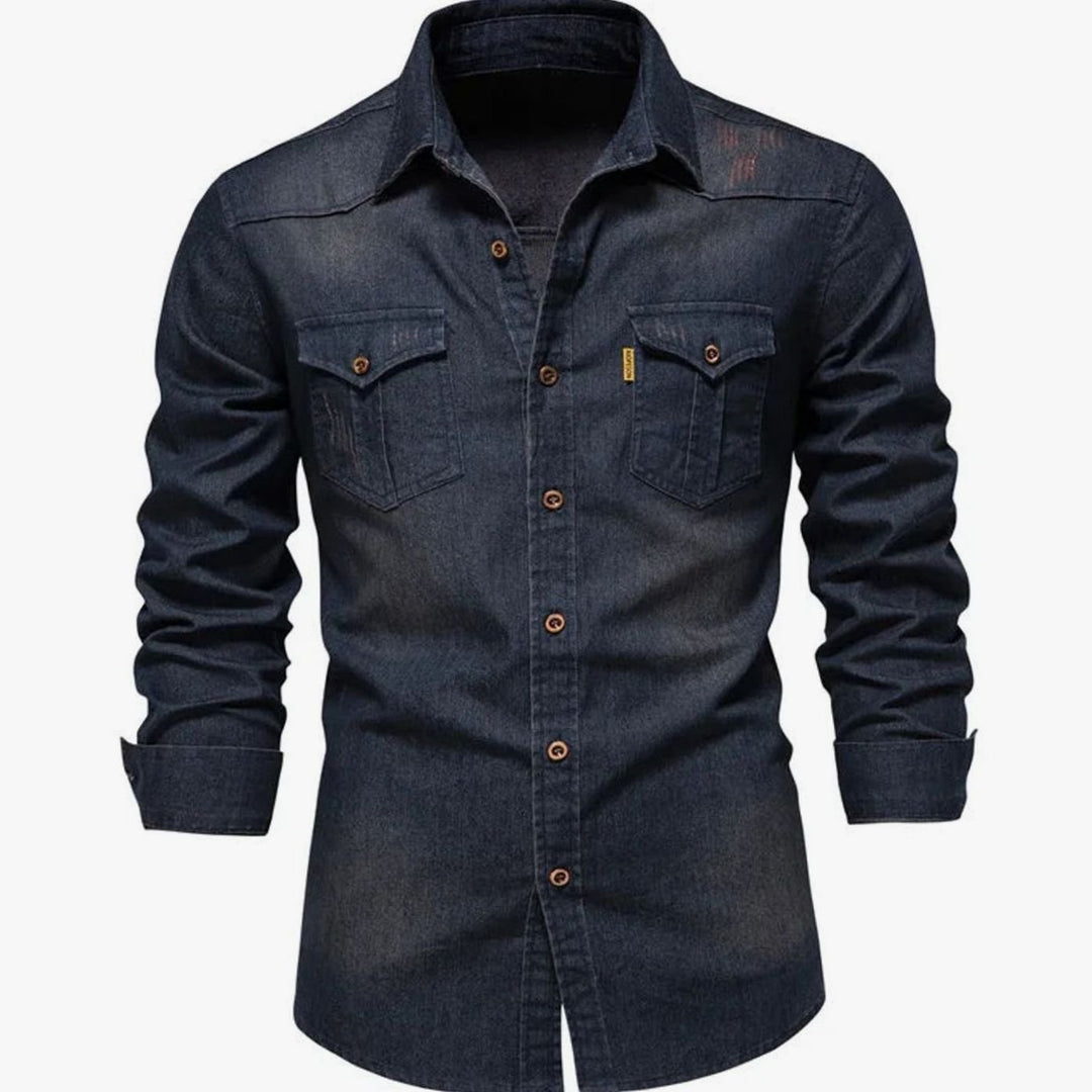 Men's Long-Sleeve Washed Denim Button-Up Shirt Dual Chest Pockets - Navy Blue