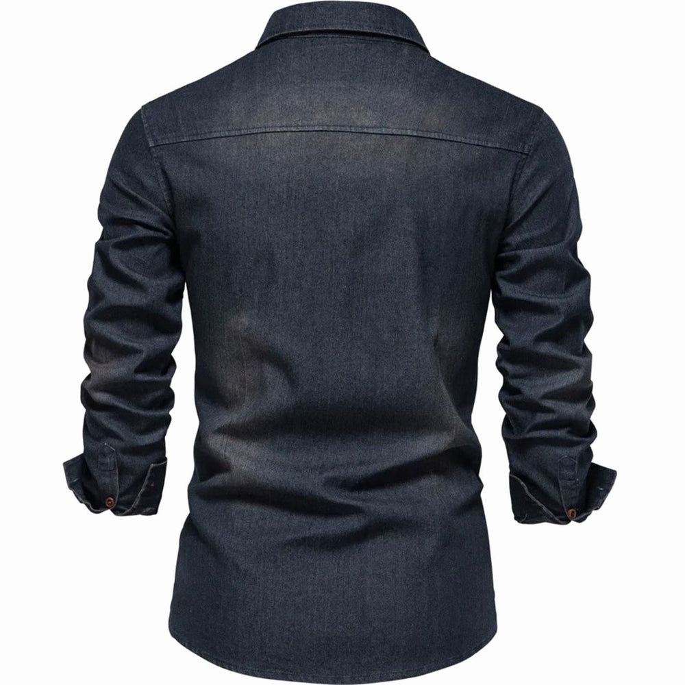 Men's Long-Sleeve Washed Denim Button-Up Shirt Dual Chest Pockets
