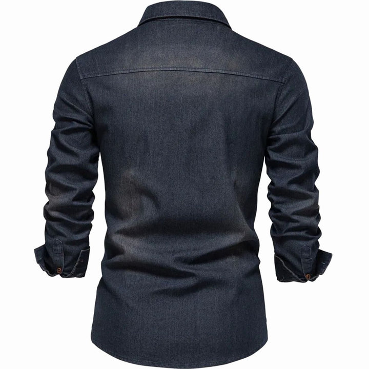 Men's Long-Sleeve Washed Denim Button-Up Shirt Dual Chest Pockets