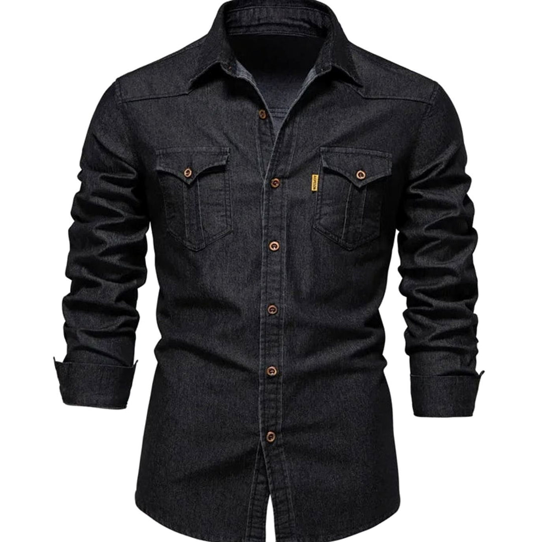 Men's Long-Sleeve Washed Denim Button-Up Shirt Dual Chest Pockets - Black