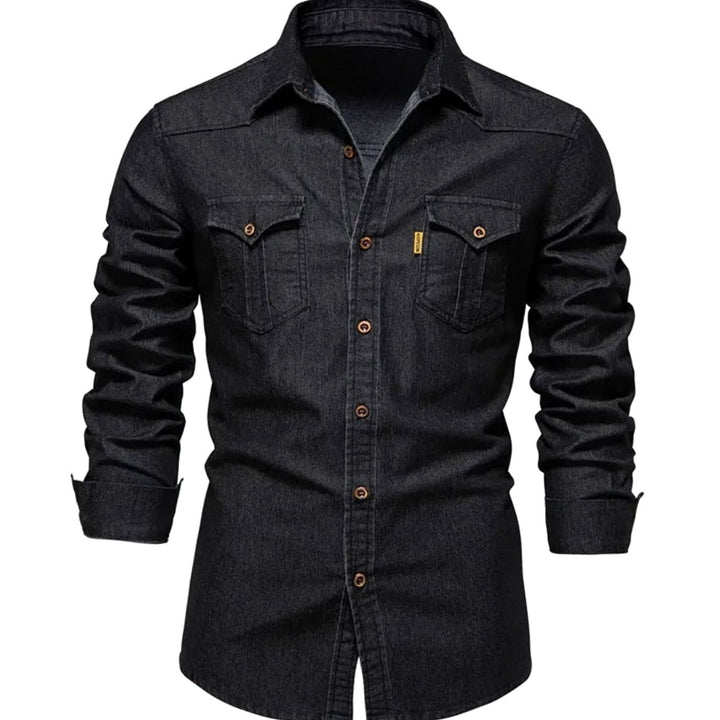 Men's Long-Sleeve Washed Denim Button-Up Shirt Dual Chest Pockets - Black