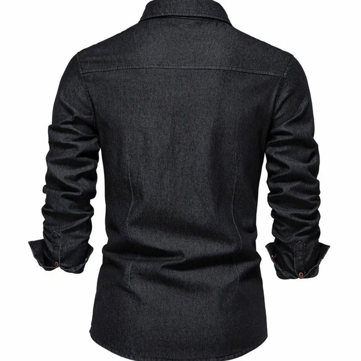 Men's Long-Sleeve Washed Denim Button-Up Shirt Dual Chest Pockets