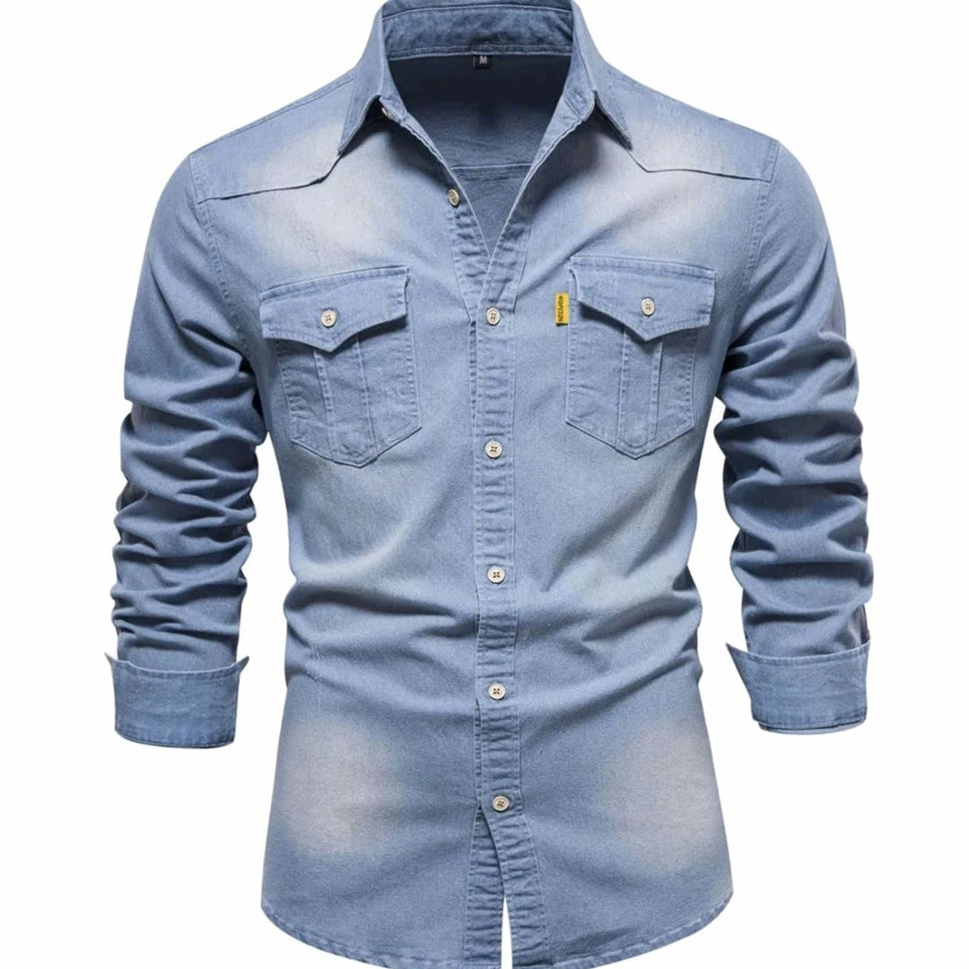 Men's Long-Sleeve Washed Denim Button-Up Shirt Dual Chest Pockets - Light Blue