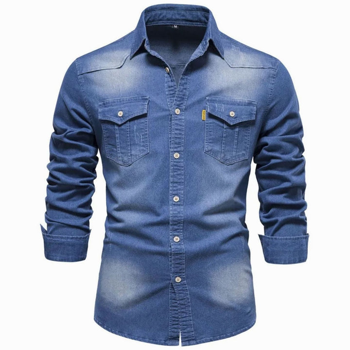 Men's Long-Sleeve Washed Denim Button-Up Shirt Dual Chest Pockets - Blue