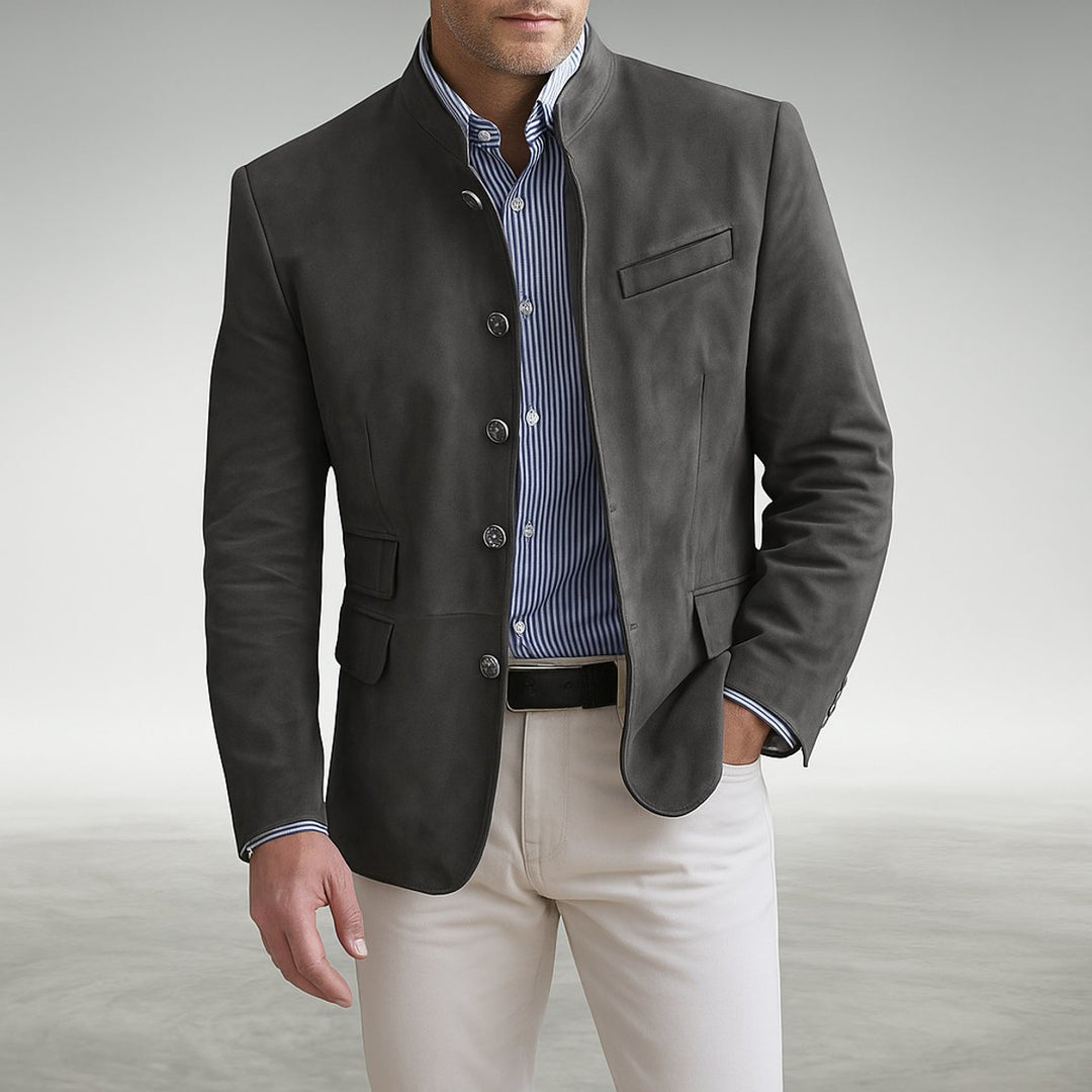 Men's Mandarin-Collar Button-Front Structured Blazer Cardigan - Gray