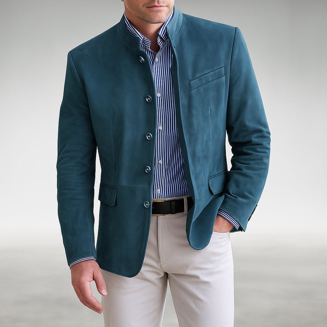 Men's Mandarin-Collar Button-Front Structured Blazer Cardigan - Blue