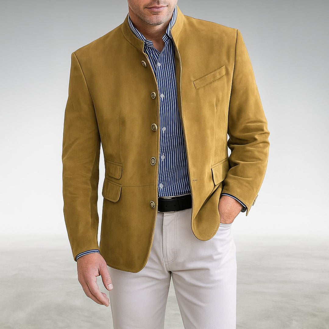 Men's Mandarin-Collar Button-Front Structured Blazer Cardigan - Yellow