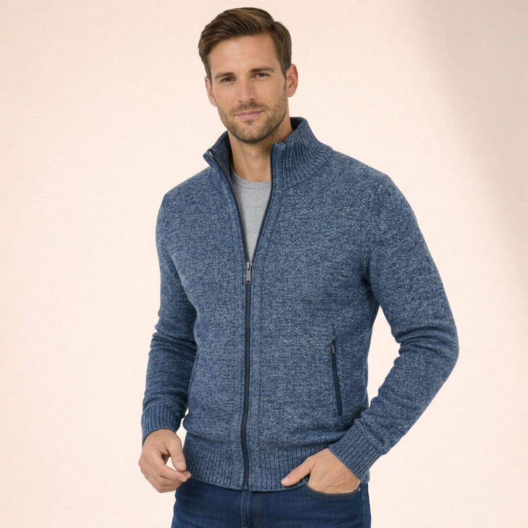 Men's Merino Wool Full-Zip Mock-Neck Sweater - Blue